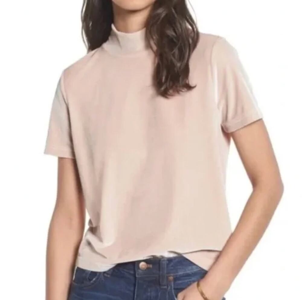Madewell High Neck Velvet Short Sleeve Top Pink Mauve Tan Size Small NEW